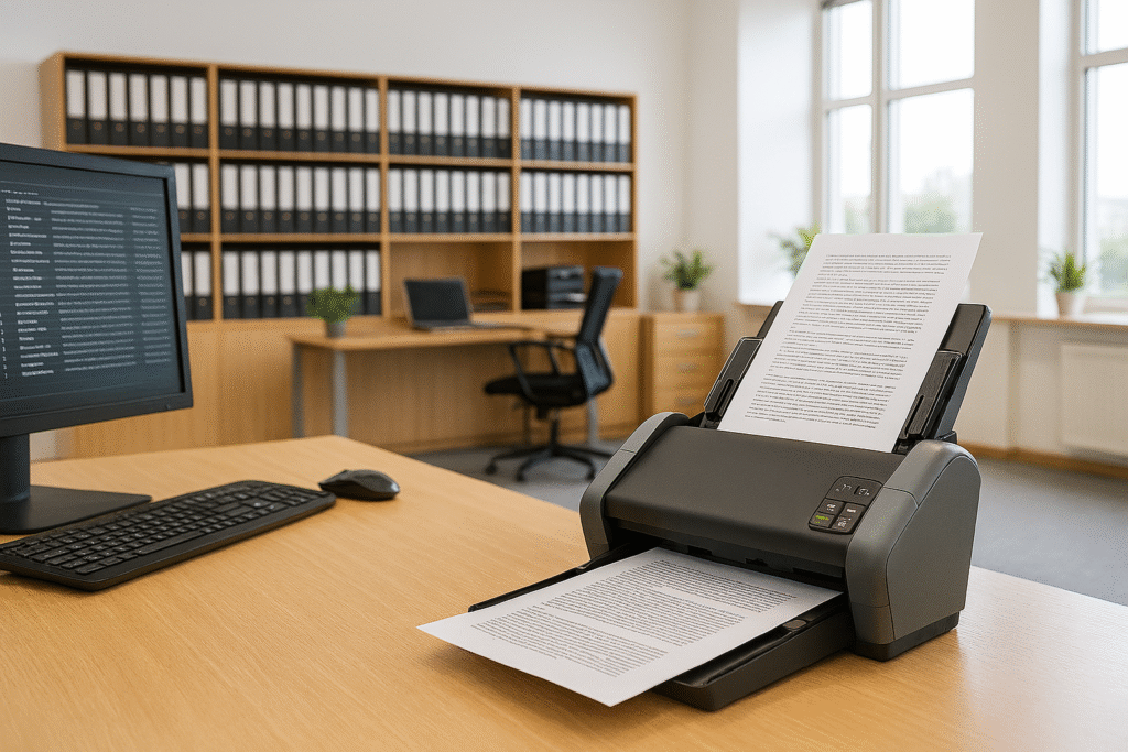 סורק מסמכים מהיר מבצע סריקת מסמכים עסקיים במשרד מודרני